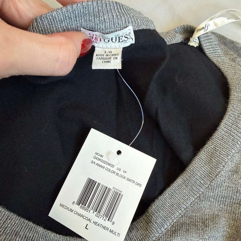 Guess Ruched Bodycon Colorblock Black Gray Long Sleeve Sweater Dress NWT Large - Picture 4 of 9